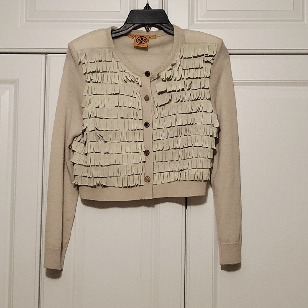 Tory Birch cropped cardigan with leather fringe details. NWOT